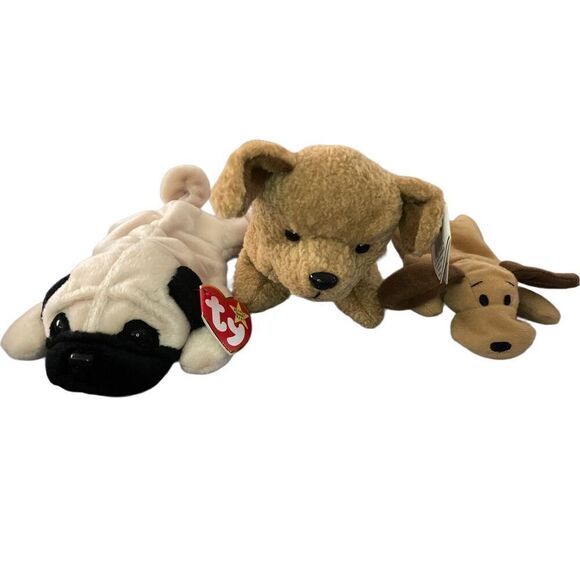Lot of 3 Tuffy Pugsly Bones Dog Ty Beanie Baby Plush Collectible Tag Error Missp - Picture 1 of 11